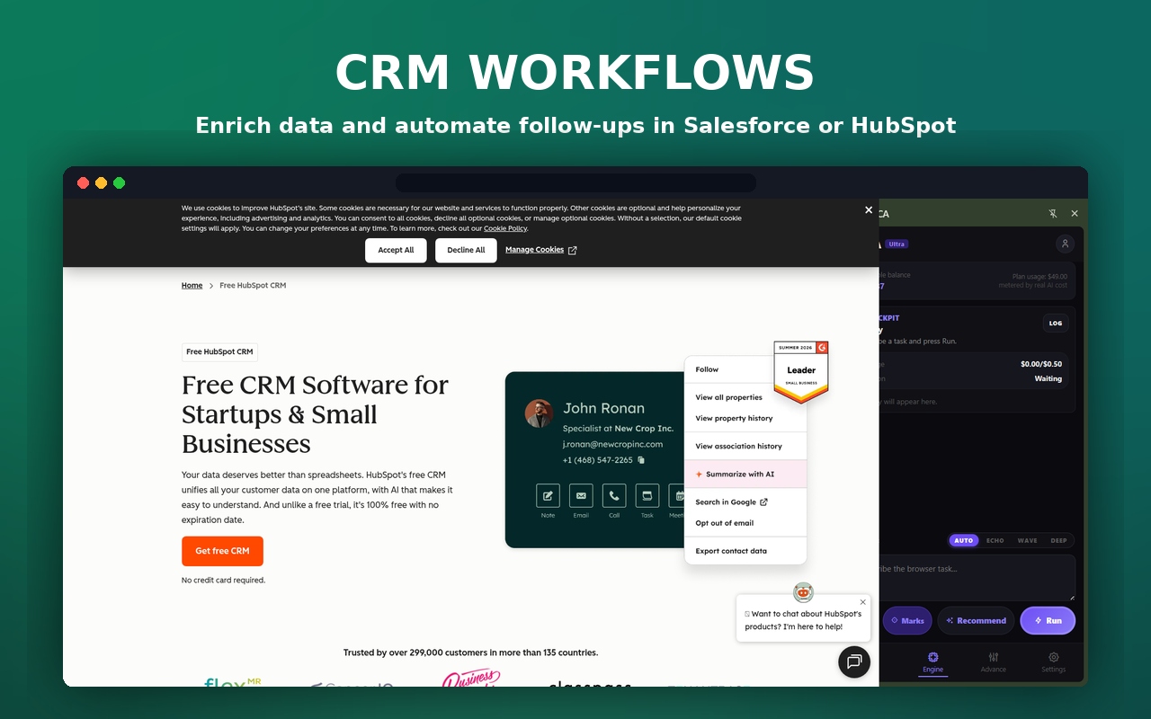 ORCA side panel helping complete a CRM workflow in a browser
